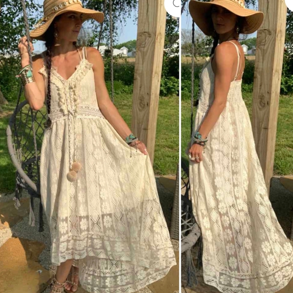 Beautiful Lace High Low Boho Summer Dress Size M Cream